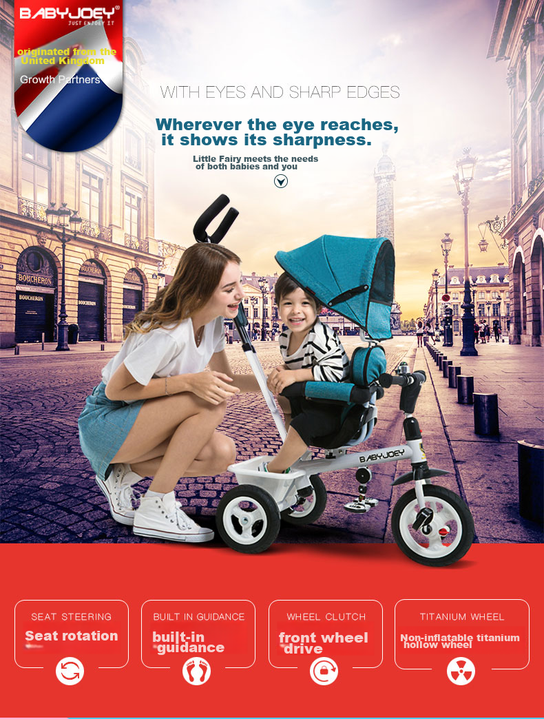 BABYJOEY Children's Tricycle Pedal Bike Stroller for Ages 1-3 Baby Bicycle Kids' Bike, Fairy Blue Baby Gift 1