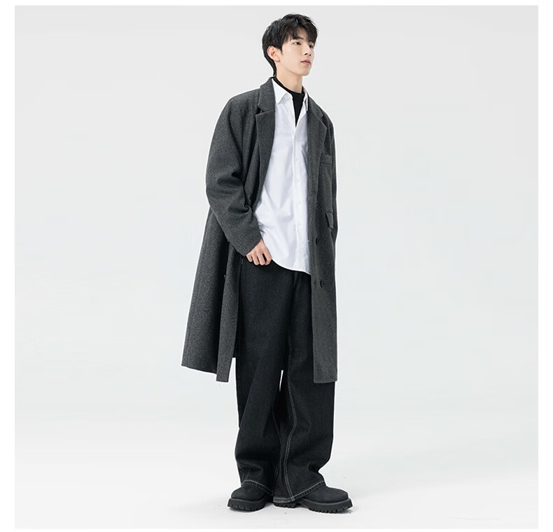 Dingfengbaoluo Men's Woolen Coat Autumn Winter Mid-Length High-End British Style Woolen Trench Coat HT99 Gray 5XL 4