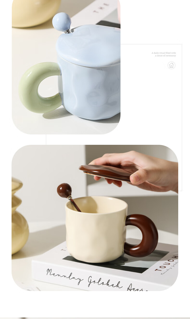 JIWUSENLIN Ceramic Mug with Spoon And Lid, Coffee Cup, Couple's Tea Cup, Dishwasher Safe, Yellow, 420ml 9
