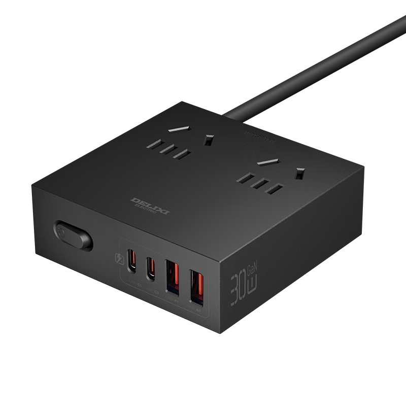 Delixi GaN 30W Desktop Charging Station Fast Charge Power Strip USB Extension Board Student Dormitory Home Portable Power Strip 2A2C+3 Combo Sockets 1.5m Cable with Master Switch