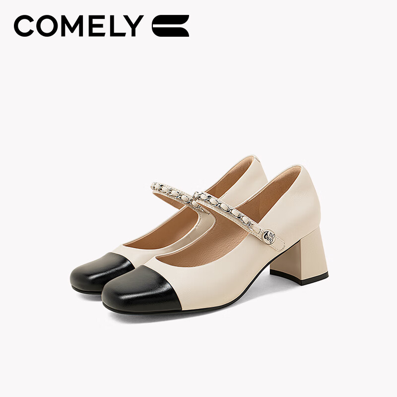 COMELY High Heels Mary Jane Shoes for Women, Spring Chunky Heel Round Toe Patchwork Chanel-Style Fashion Pumps, Beige/black, Size 37