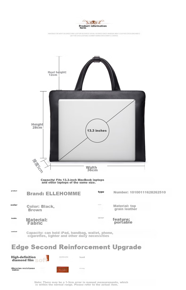 ELLE HOMME Men's Briefcase, Fashionable Genuine Leather Handbag, Casual Business Laptop Bag, Cowhide Men's Bag, 262510 Black 7