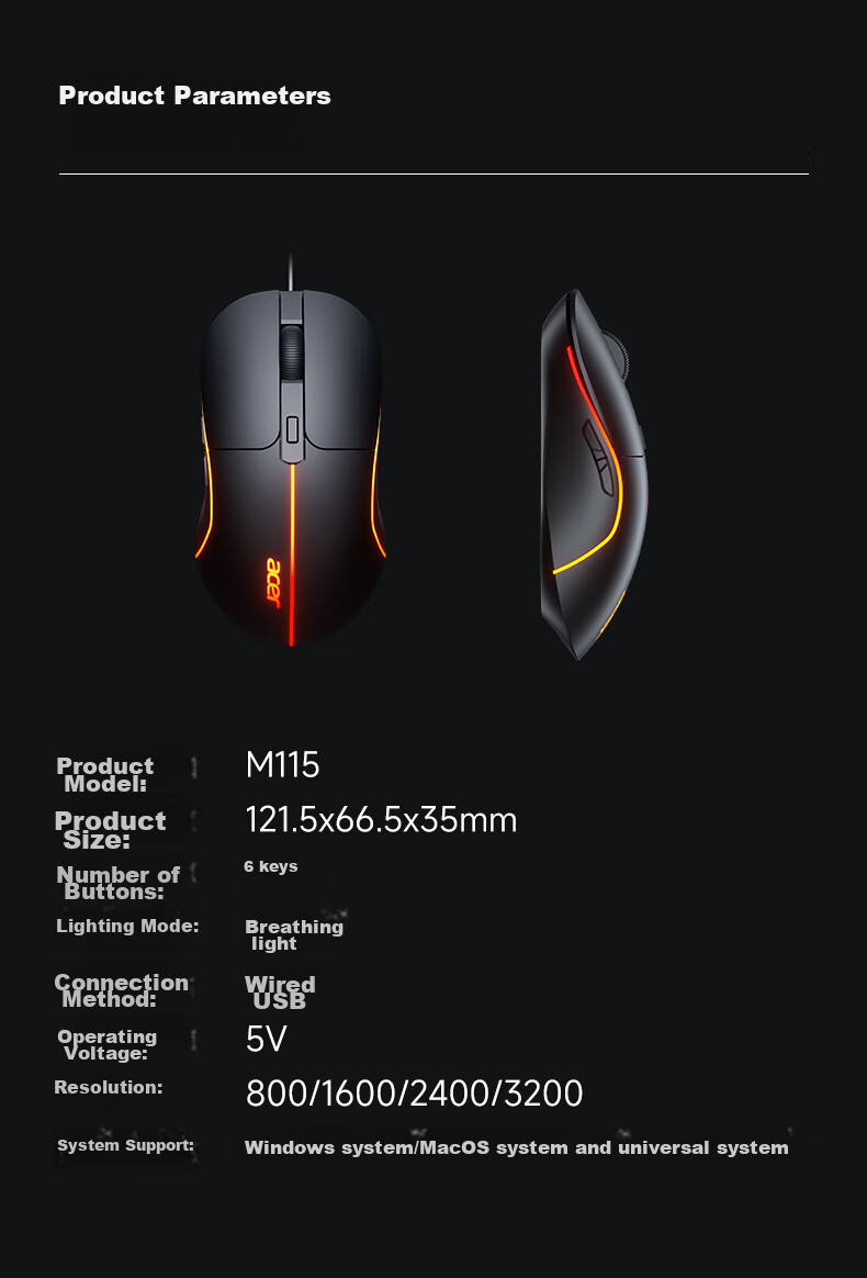 Acer Wired Mouse Gaming Mouse Macro Mouse USB Silent Mouse for Desktop And Laptop Computers Universal E-Sports Office Mouse 7200DPI Newly Upgraded OMW327 9
