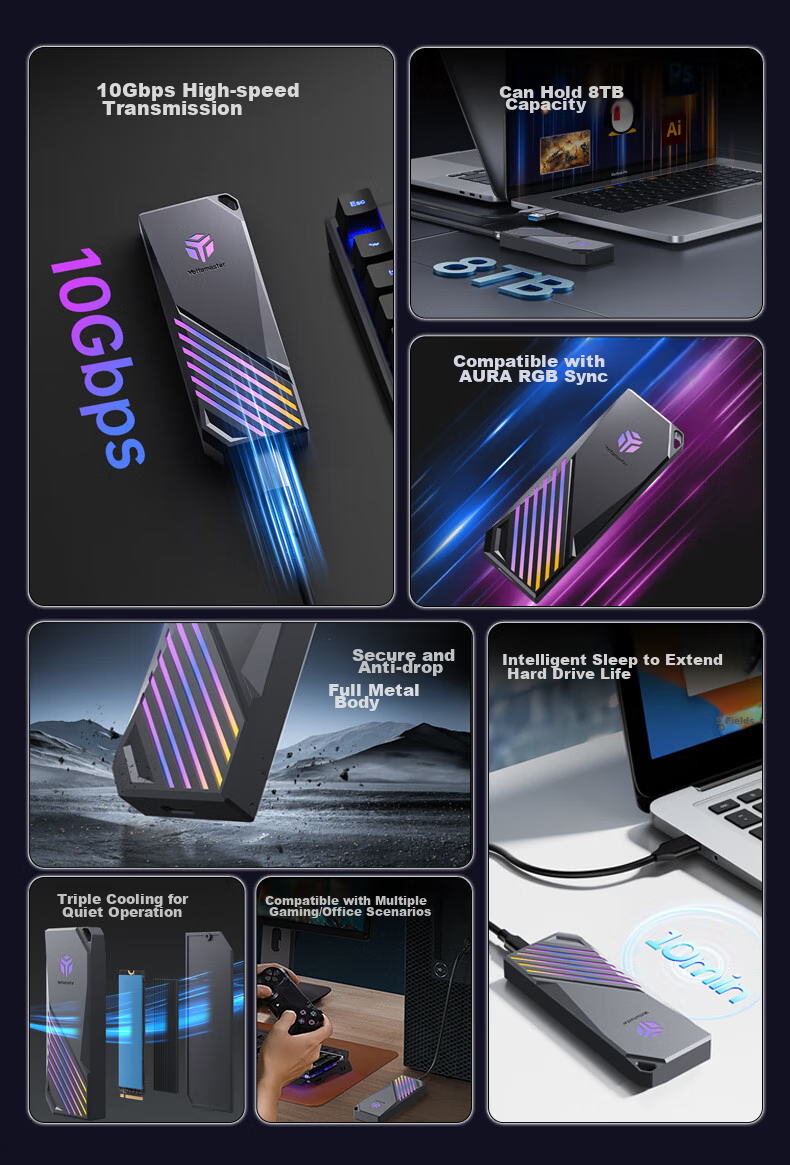 Yottamaster M.2 Hard Drive Enclosure, NVMe Portable Hard Drive Enclosure, RGB Synchronized Light, Type-C 3.2 Interface, 10Gbps External Case, Suitable for Black Myth: Wukong And Laptops 3