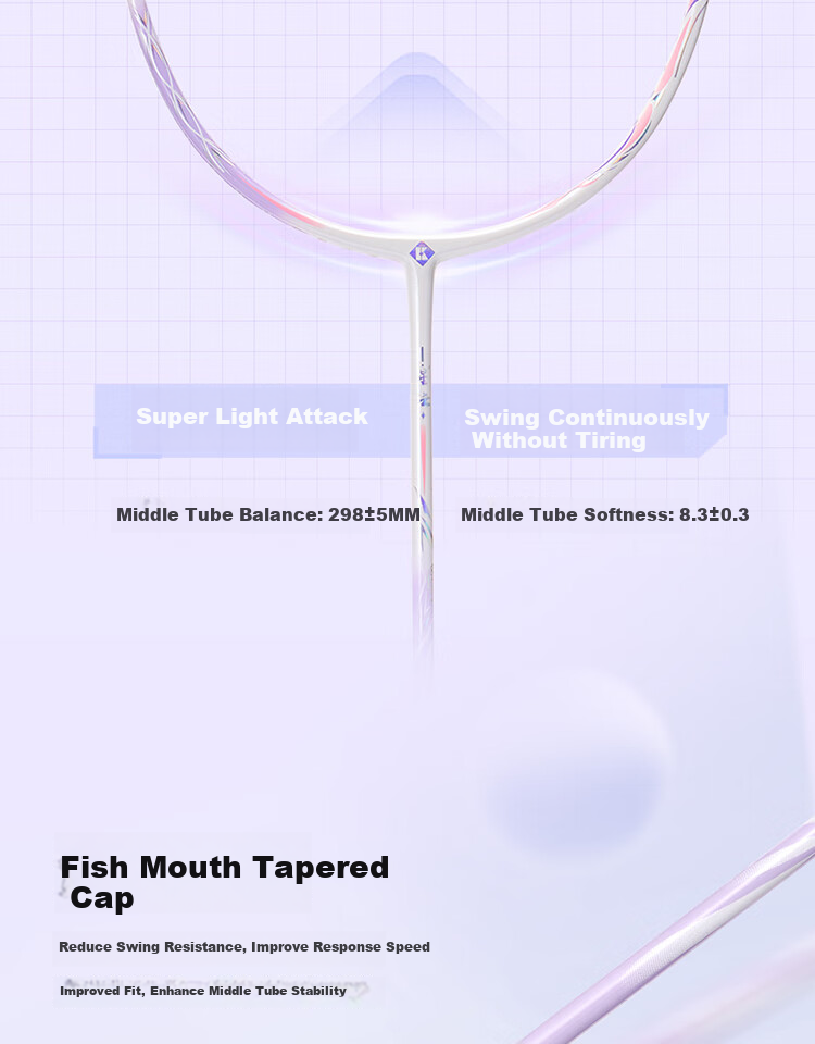 KUMPOO Badminton Racket, Full Carbon Fiber, 5U Ultra-Light Offensive Type, for Beginners And Intermediate Players, Single Racket, Xunfeng Nebula White And Purple Color 9
