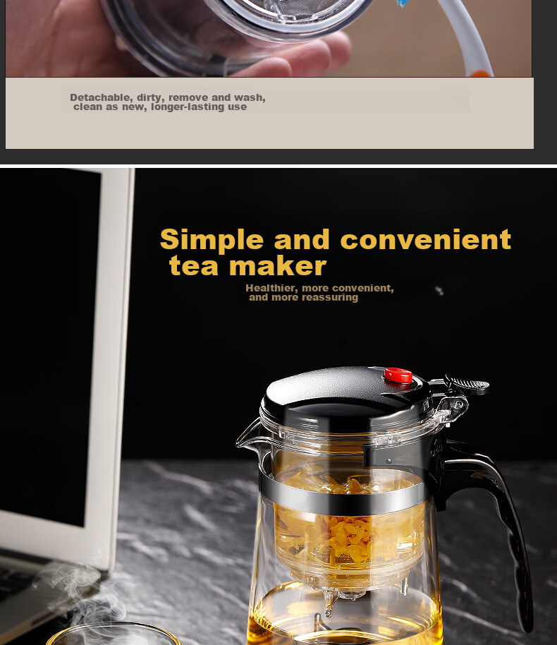 Ranye Glass Teapot with Heat-Resistant Cup, Press-Type Tea Infuser with Separate Compartments, 1000ml Simple Filter Tea Pot SY1000 5