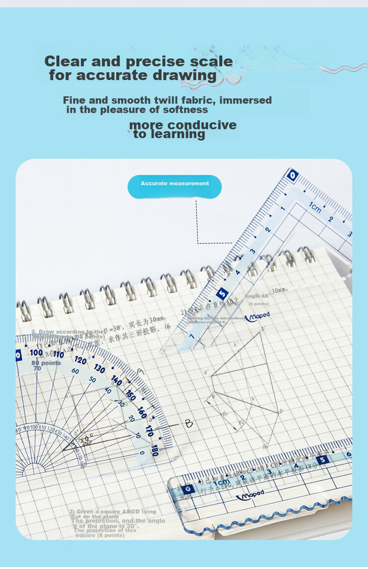 Maped Colorful Multifunctional Ruler Set, 15cm Wave Straight Ruler, 45° Triangle Ruler, 60° Triangle Ruler, 180° Protractor, Study And Exam Ruler Set, Blue, Elementary School Supplies for Back to School 3