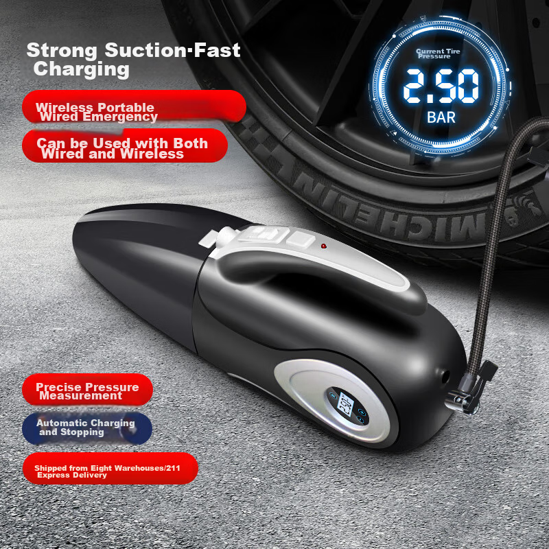 Jumu Car Air Compressor And Vacuum Cleaner, Dual-Use Wireless High-Power Four-In Machine, Portable Tire Inflator for Vehicles