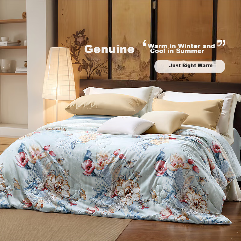 FUANNA Yumingshun 100% Silk Comforter for Winter, Single Warm Thick Duvet Insert, 4 Jin (2kg), 152*210cm, Gree