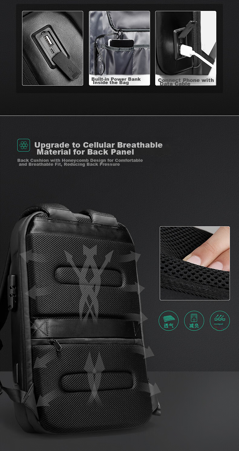 MARK RYDEN Backpack for Men, Password Lock Anti-Theft Large Capacity Casual Travel Sports Car Laptop Bag MR9116 Cool Black 15