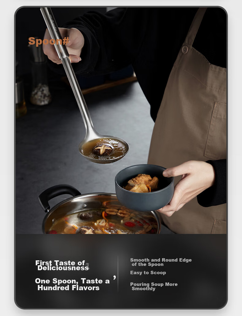 Joyoung Kitchen Spatula, 316L Stainless Steel Cooking Ladle, Heat-Resistant Wooden Handle, Specially Designed for Wok Cooking, Chinese-Style Spatula 9