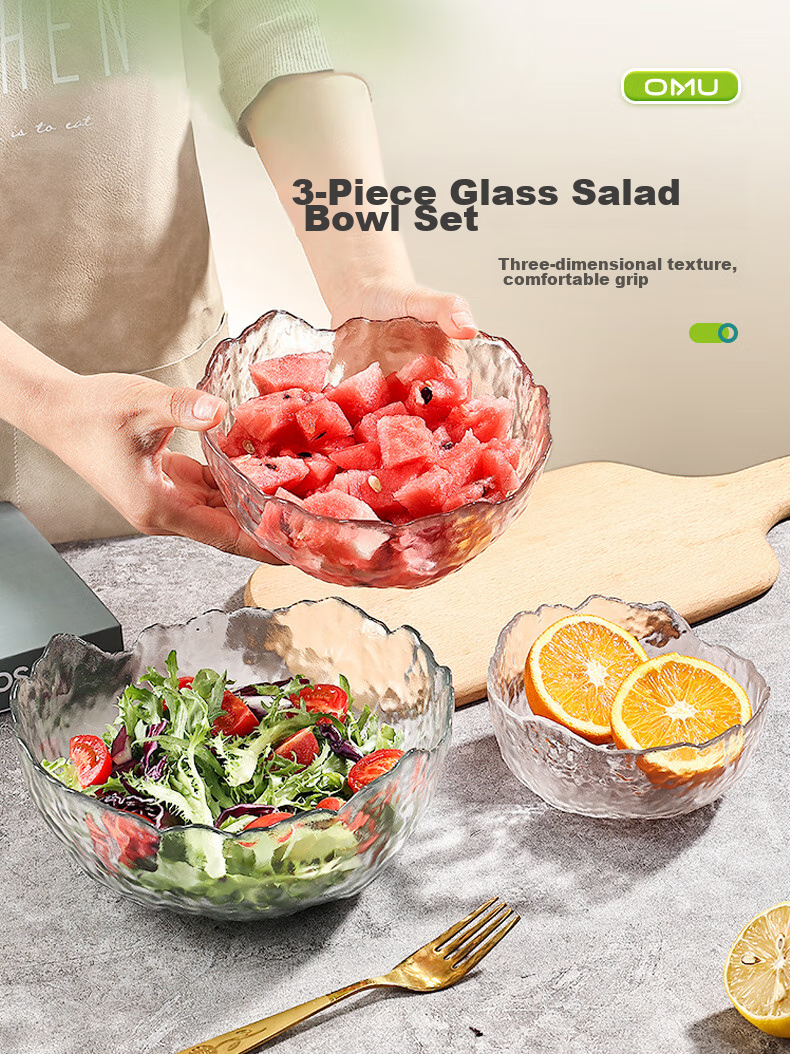AOmeiyou Glass Salad Bowl, Soup Bowl, Transparent Glass Bowl Set, Vegetable And Fruit Plate, Dessert Bowl, Japanese Style 3-Piece Set 2