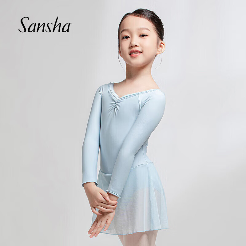 Sansha Ballet Practice Dress, Children's Dance Dress with Long Sleeves, Chiffon V-Neck Lace Bodysuit Skirt, Light Blue, L