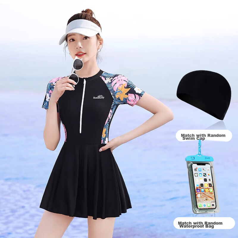 F.DYRAA Women's Swimsuit, Tummy Control, Slimming, Elegant, One-Piece Dress, Conservative Swimwear, Three-Piece Set, 12030 Black, 2XL