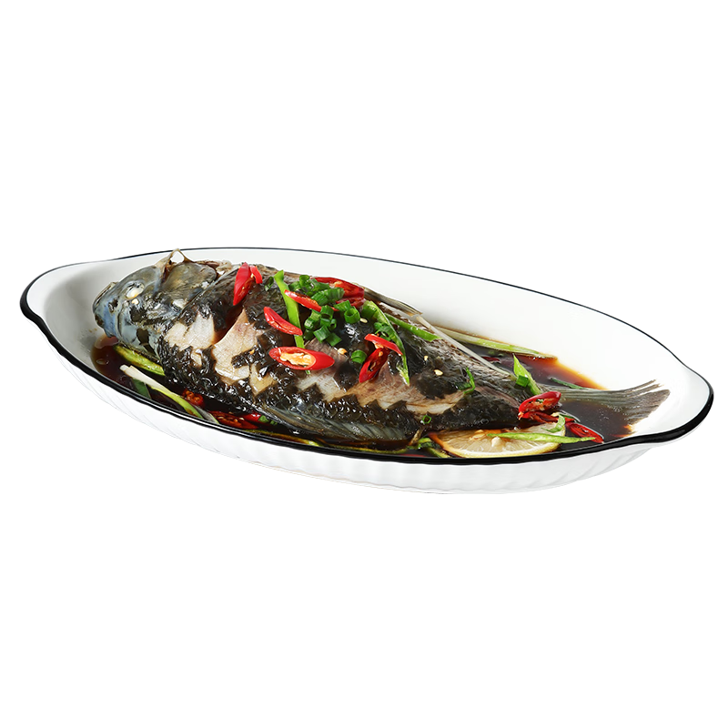 BJ Double-Ear Fish Plate Ceramic Steaming Dish White Porcelain Plate for Home Use 12-Inch Pure White Western-Style Plate Dumpling Plate Commercial Use
