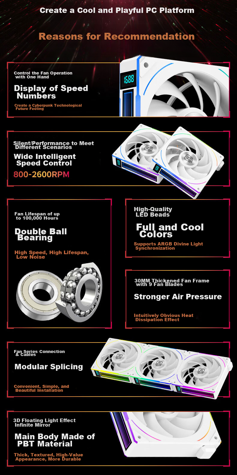 AOC AT360FW/93 White 12CM Desktop Case Cooling Fan Triple Pack ARGB Sync/No Wired Cable Connection/Aggressive Dual Ball Bearings/Speed Display 2