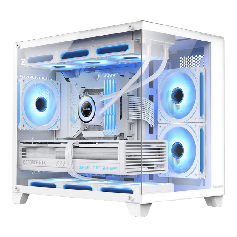 Huntkey S960 Storm Snow X White Panoramic Edition Seaside View Case (Double-Sided Tempered Glass, Left-Right Zoning, 360mm Water Cooling, 9 Fan Positions, MATX Motherboard)