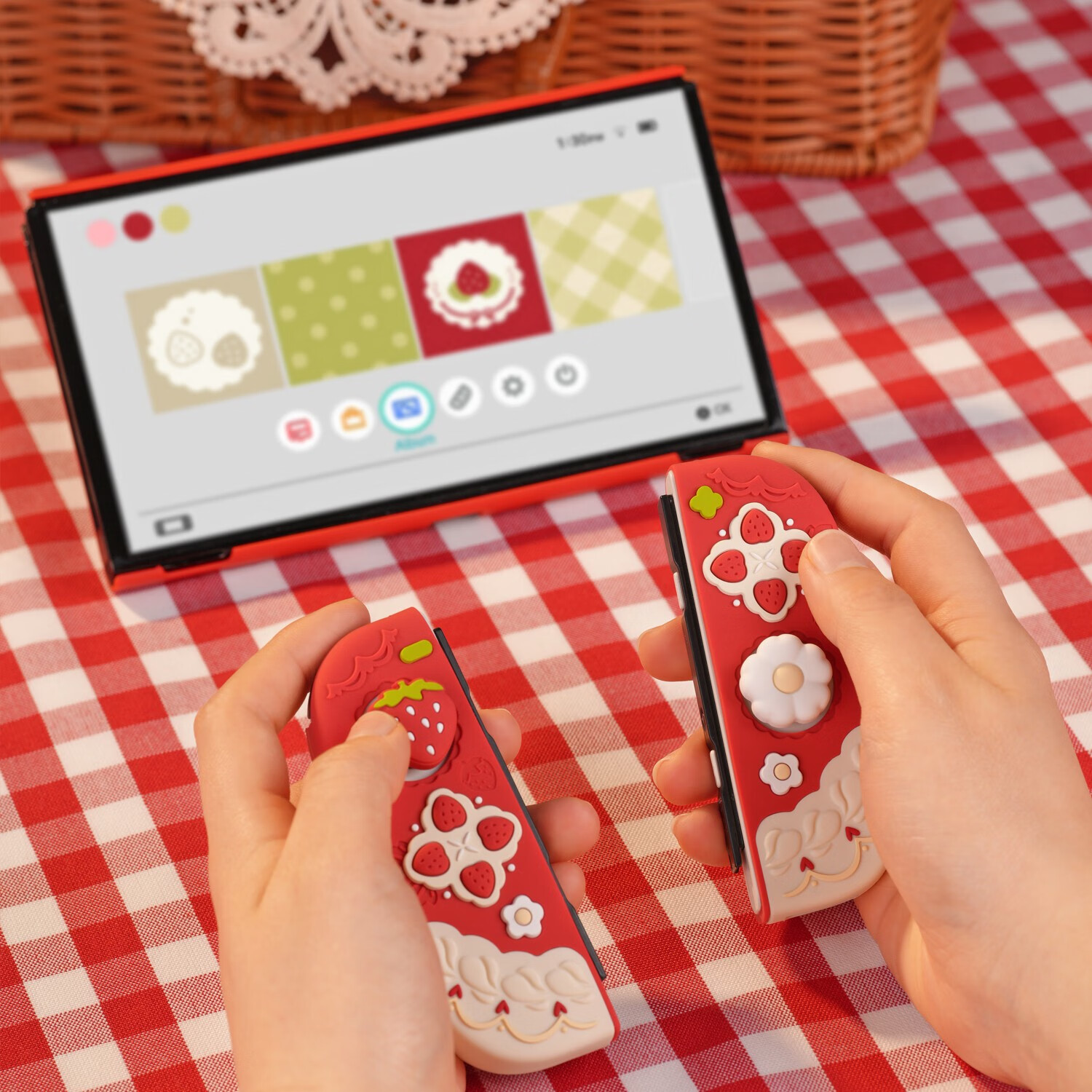 Jixiang Switch OLED Protective Case, Shockproof And Sweat-Resistant Spring Strawberry Silicone Soft Shell with Joy-Con Cap, Detachable Joy-Con Handle Case, Full Protection Shell