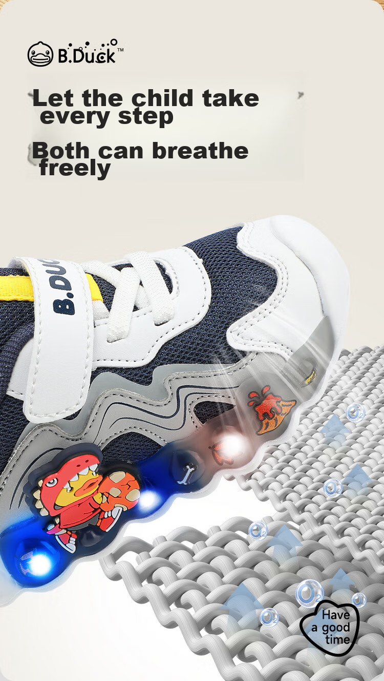 B.Duck Children's Walking Shoes, Boys And Girls Light-Up Shoes, Baby Sports Running Shoes, 3950 Blue White Gray, Size 26 6