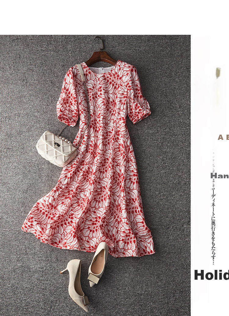 Dme [Monet Garden] Summer Elegant Breathable Pure Cotton Embroidered Waist-Cinching A-Line Flared Dress for Women, Mid-Length 8