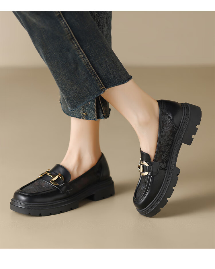 ZHR Women's Loafers, Soft-Soled Versatile Round-Toe Leather Shoes, British Style Chunky Heel Women's Shoes, OFTEP06, Black, Size 38 10
