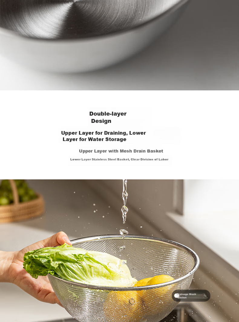 Dipuer 304 Stainless Steel Colander, Draining Basket, Kitchen Fruit Washing Basin, Water Strainer, Rice Washing Tool, Rice Sieve 10