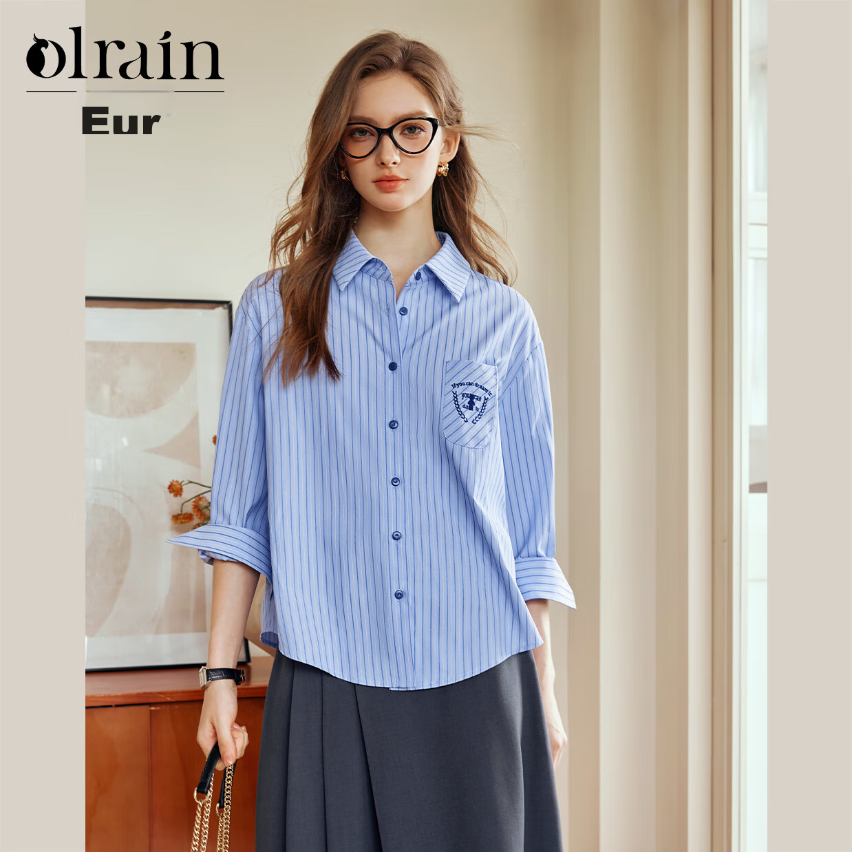 Olrain Striped Long-Sleeve Shirt for Women, Autumn British Academic Style Elegant Office Blouse, Blue Stripes, Size L