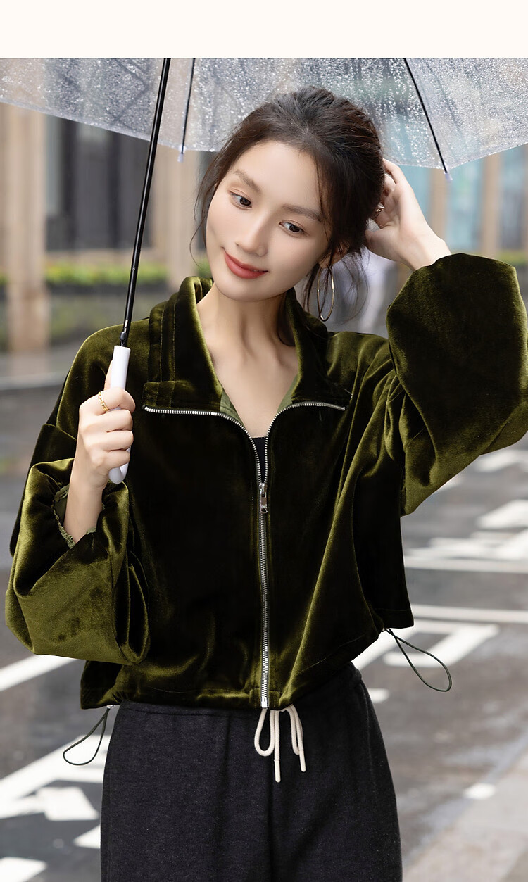 Demana Modern Luxury Spring Autumn Glossy Elegant Velvet Stand Collar Lantern Sleeve Adjustable Drawstring Hem Jacket for Women 7
