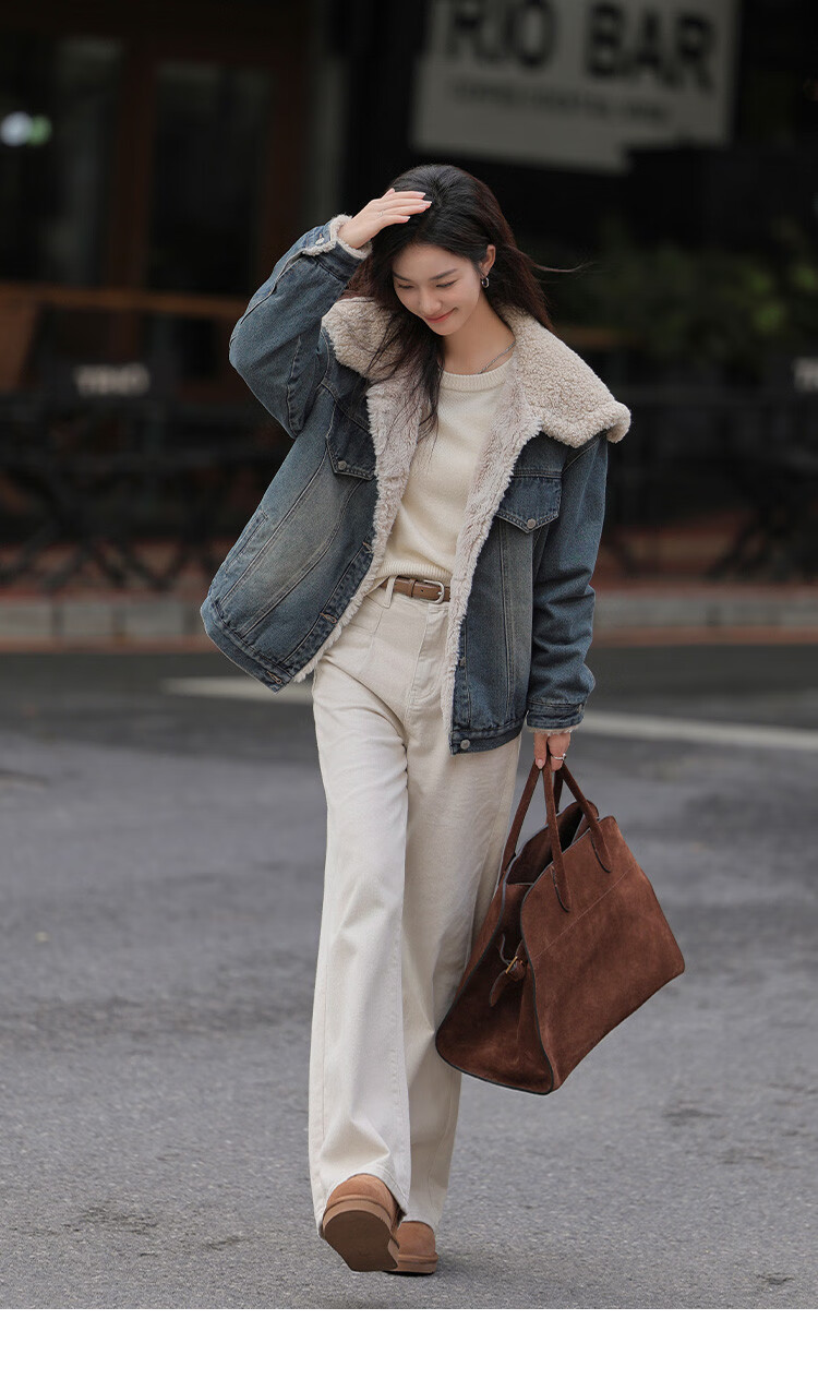 DME Fashion Vintage Large Lapel Winter Denim Composite Faux Lamb Wool Jacket for Women Dark Denim Blue S 9