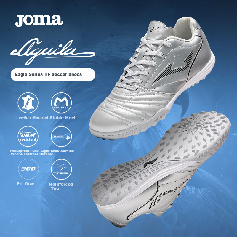 JOMA Kangaroo Leather Soccer Shoes for Men with TF Turf Studs, Professional Competition Training Shoes for Adults, Teenagers And Students, Silver, Size 39