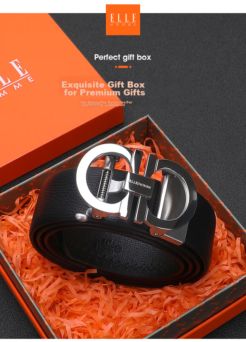 ELLE HOMME Men's Top-Grain Leather Belt, Luxury 304 Stainless Steel Buckle Automatic Waist Belt, Birthday Gift for Boyfriend 1