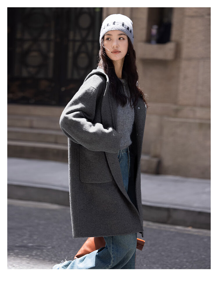 Demana College Style Winter Hooded Long Sleeve Mid-Length Wool Coat with Front Pockets and Open Placket 6