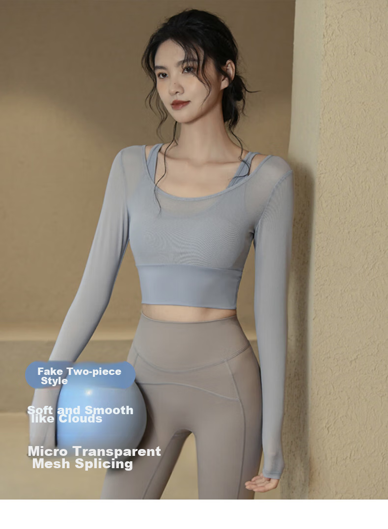 XUEXIMAN Faux Two-Piece Yoga Top for Women, Spring And Autumn Long-Sleeve with Chest Pads, Gym Workout Shirt, Pilates Training Wear 1