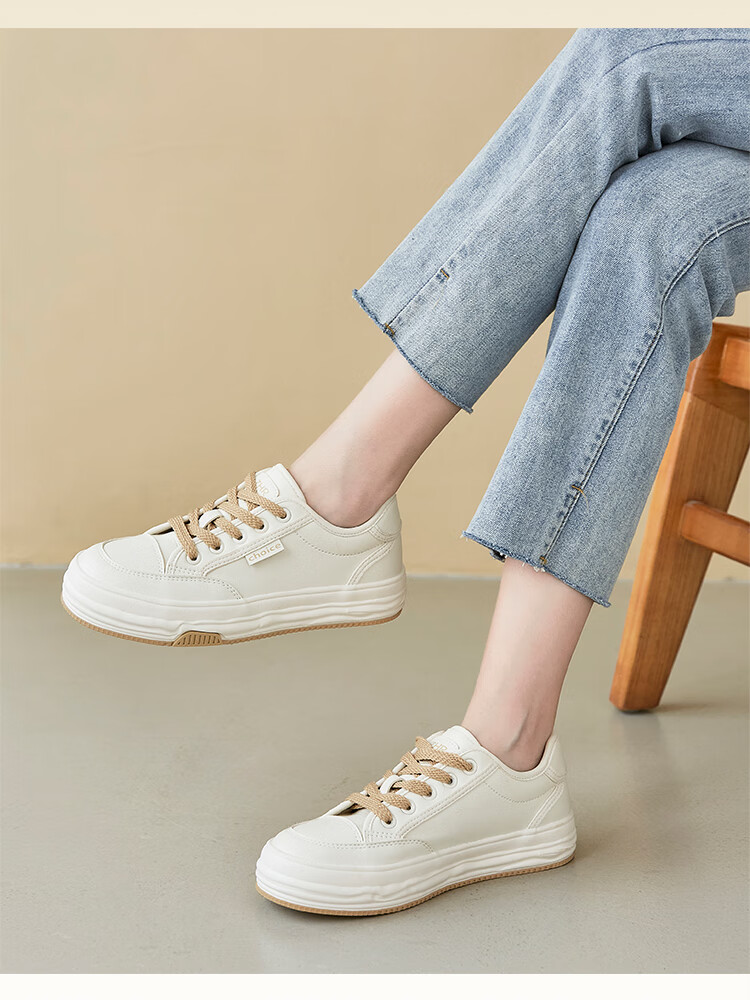 ZHR White Sneakers for Women, Trendy And Versatile Casual Shoes, Low-Top Round Toe Thick-Soled Comfortable Women's Shoes AT128 Beige 37 12