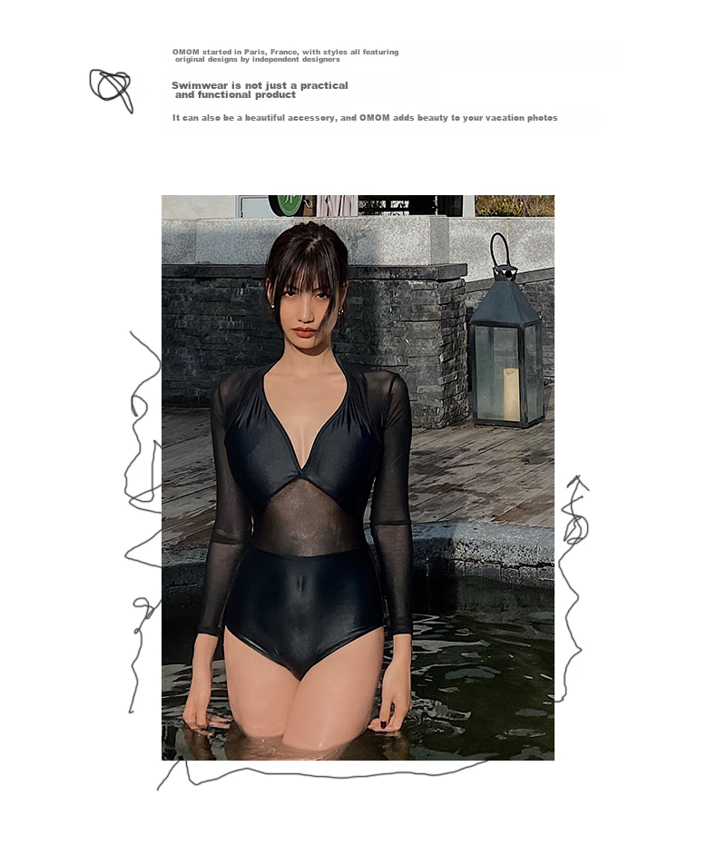 OMOM One-Piece Swimsuit for Women, Black High-Waist Slimming Tummy-Covering Mesh Spliced Long Sleeve Student Hot Spring Swimming Suit L 2