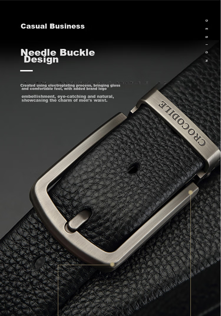 CROCODILE Versatile Youth Top-Grain Leather Casual Belt for Men with Pin Buckle, Birthday Gift ZT341 Black 5