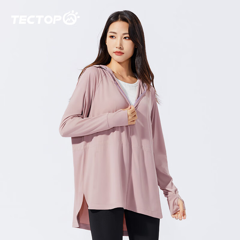 TECTOP Women's Sun Protection Jacket, UV-Resistant, Breathable Mid-Length Outdoor Windbreaker, Summer Style, 2422130FS, Women's Leather Pink Color, Size L