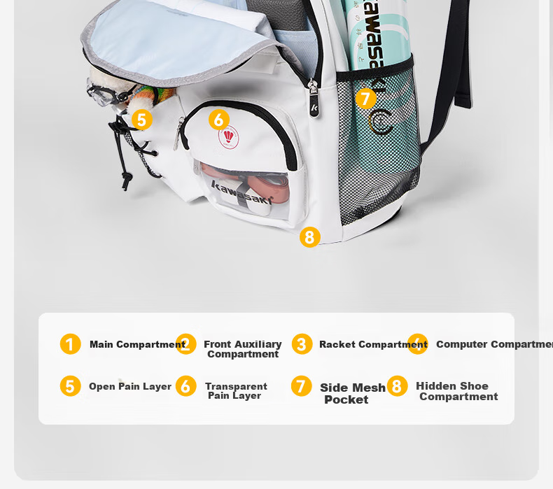 KAWASAKI Badminton Bag, Large Capacity Backpack, Professional Sports Backpack with Separate Shoe Compartment C8245 White 5