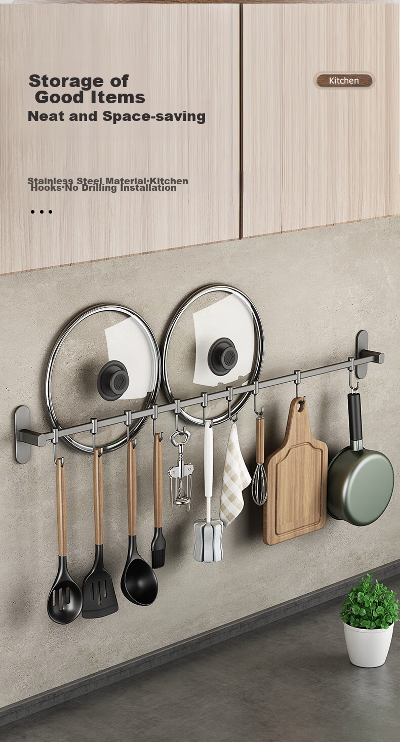 YOUQIN Kitchen Storage Rack Hooks, Wall-Mounted without Drilling, Multifunctional Hook Organizer, Pot Lid Rack, Stainless Steel Hanging Rod, Gunmetal Gray, 50cm 1
