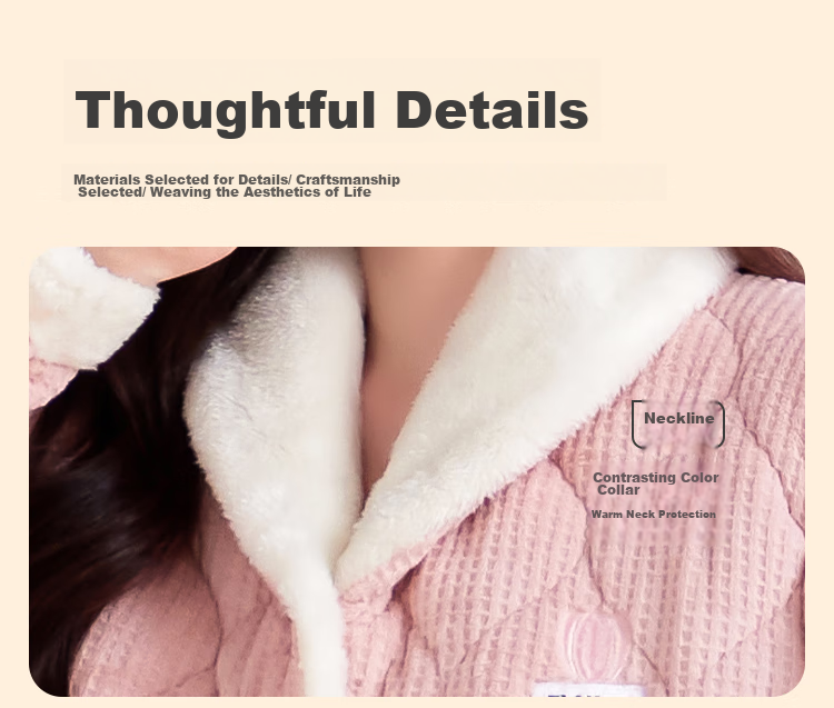 MiiOW Coral Fleece Three-Layer Padded Women's Pajamas, Ultra-Thick Fleece-Lined Warm Loungewear, Suitable for Outdoor Wear, Cherry Blossom Pink 31