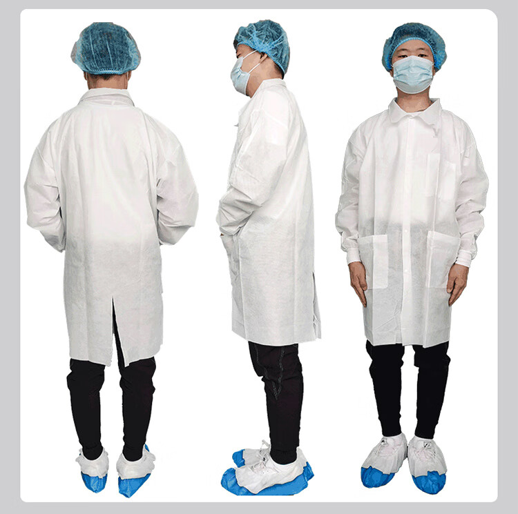 Mashifu Disposable Workwear White Coat [5pcs/pack] SMS Non-woven Dustproof Waterproof Breathable Cleanroom Suit Workshop Laboratory Factory Visit Uniform Hidden Buttons One Size 2