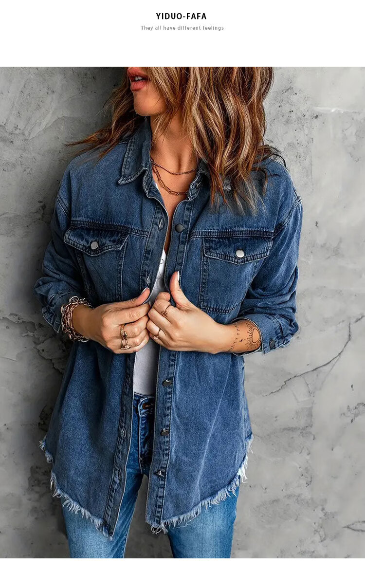 Pierre Cardin Women's Shirt, Summer Versatile Loose Street Style, Distressed Hem, Denim Blouse Top, Dark Blue, Size L 5