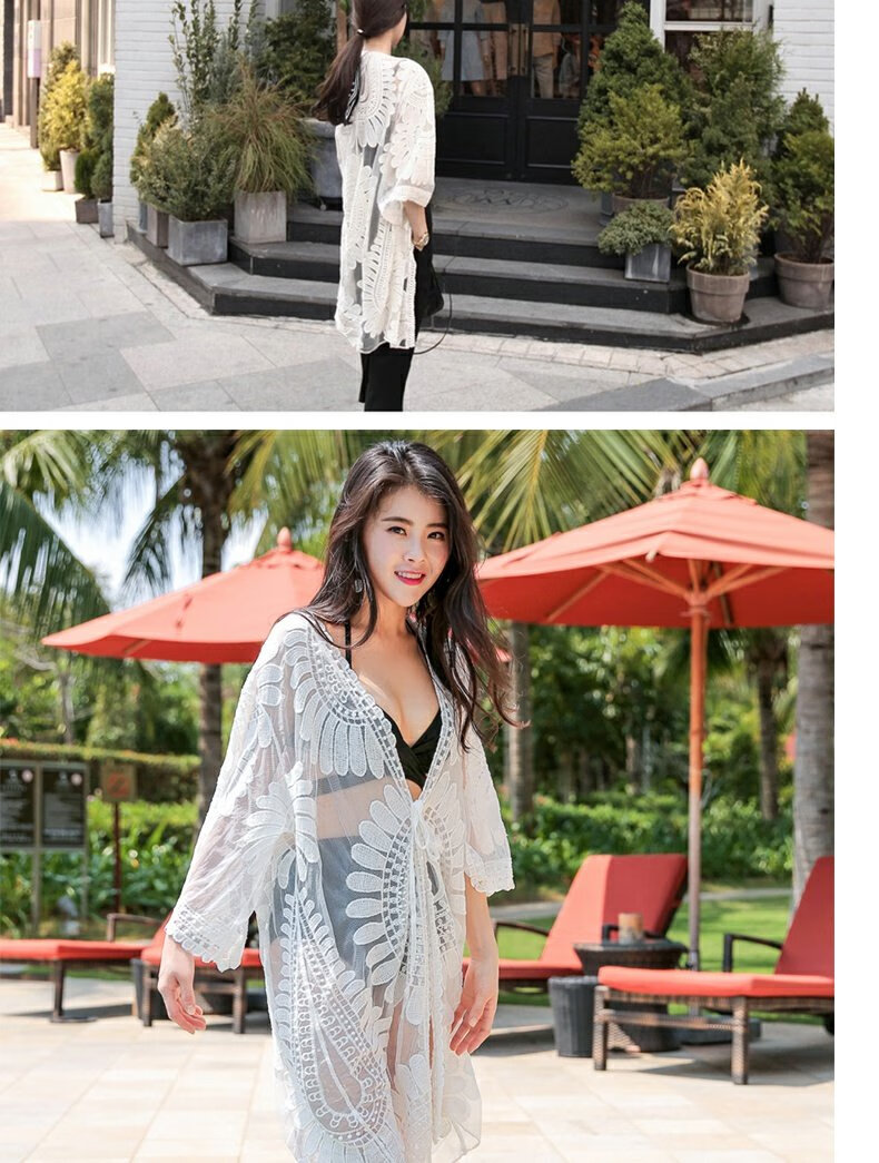 DK Seaside Sun Protection Clothing, Beach Cardigan Swimwear, Shawl Cover-Up, Hot Spring Mesh Jacket, Outer Wear, White 8