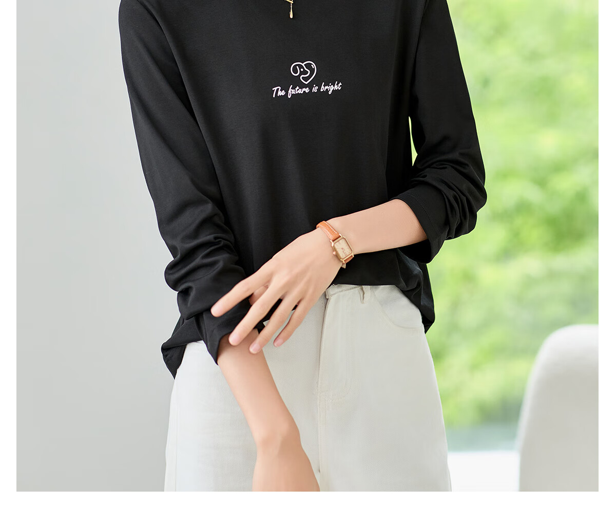 Chushen Women's Spring and Autumn Long Sleeve T-Shirt Pure Cotton Basic Loose Letter Print Crew Neck Top S143T2013 10
