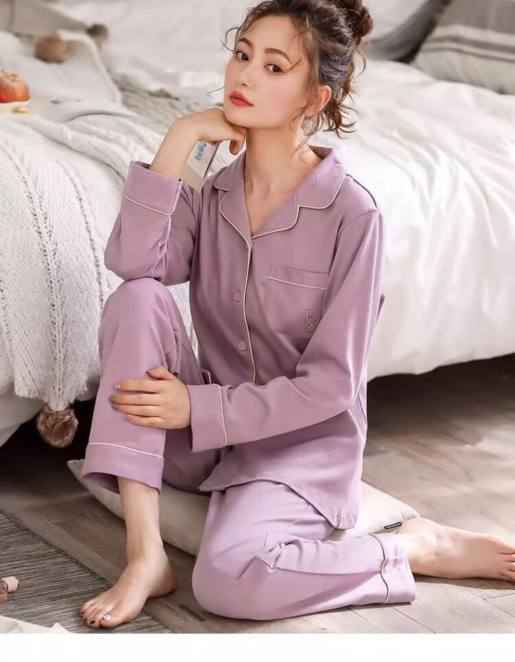 Langsha Women's Sleepwear (Antibacterial + Pure Cotton) Spring and Autumn Long Sleeve Long Pants Two-Piece Homewear Plus Size Winter Set 6