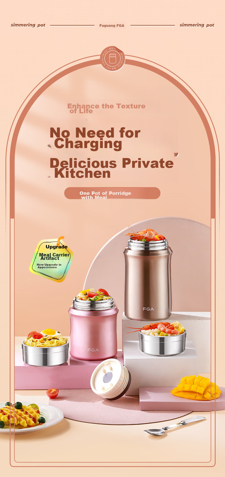 FGA Fuguang Insulated Food Jar, 304 Stainless Steel, Large Capacity, Thermal Container for Stewing, Rice Pot, Porridge And Soup, Portable Cooker - 1L 1