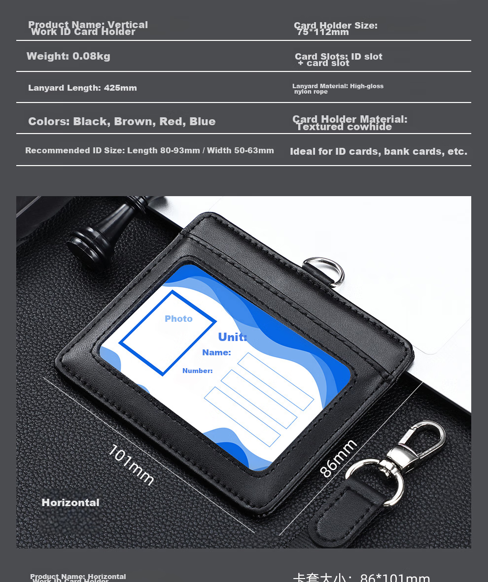 Jiaranheng Genuine Leather Work Badge, Corporate Employee ID Card Holder with Storage Slot, Neck Strap, Conference Access Pass, Work Permit Case, Cowhide Material, Customizable, Black Vertical Style 7