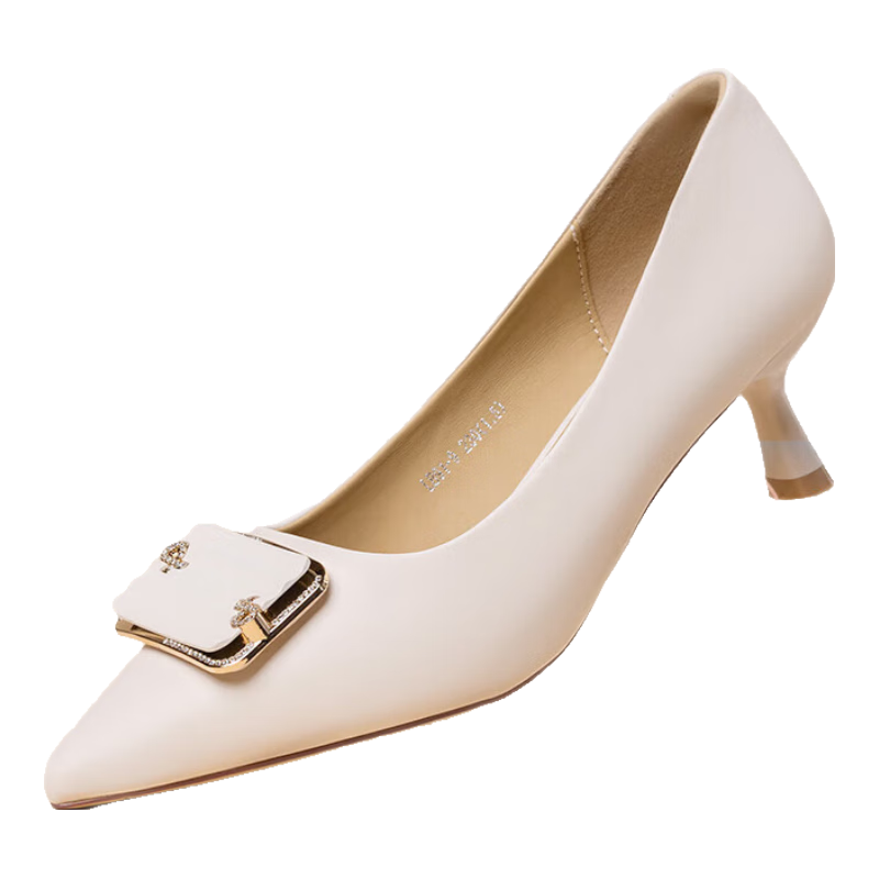 LAORENTOU Women's Professional Work Leather Shoes, Chunky Heel Pointed Toe High Heels, Comfortable Women's Shoes LB91 Beige Size 35