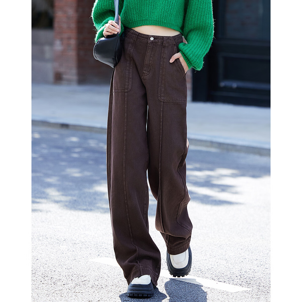 Dme Old Money Style Wide-Leg Spring Casual High-Waisted Slimming Straight-Leg Jeans for Women, Brick Coffee Color, M