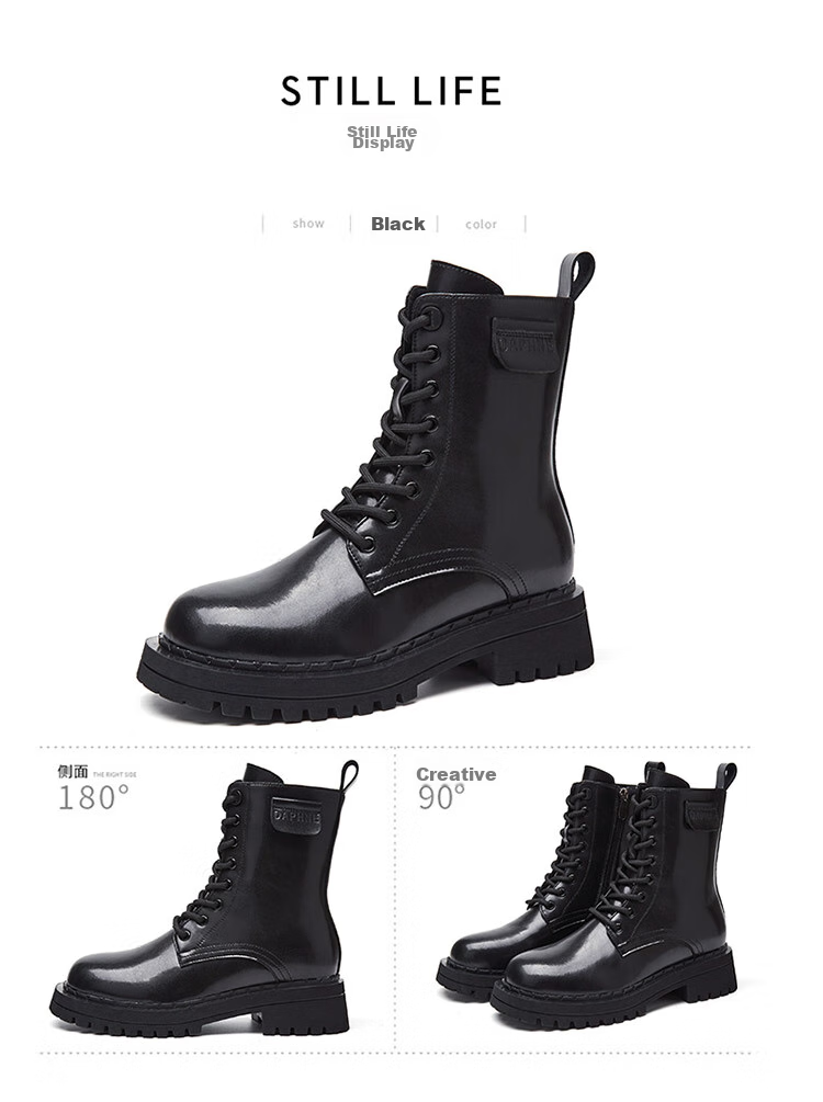 DAPHNE Women's Martin Boots Thick Sole New High Heel British Style Ankle Boots Leather Casual Shoes Black Fleece Lined Size 40 12